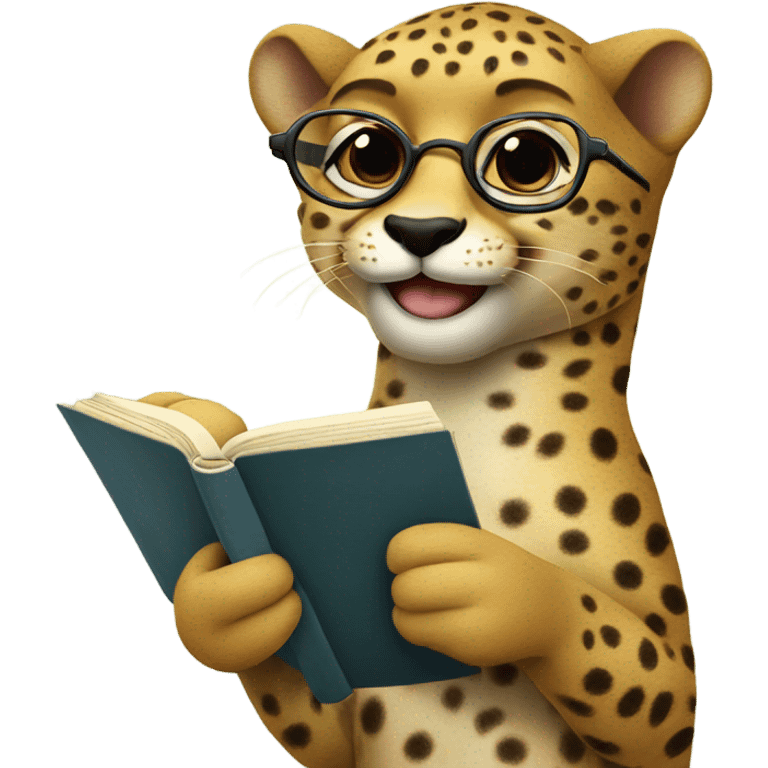 Happy Cheetah with glasses drinking tea and a book emoji