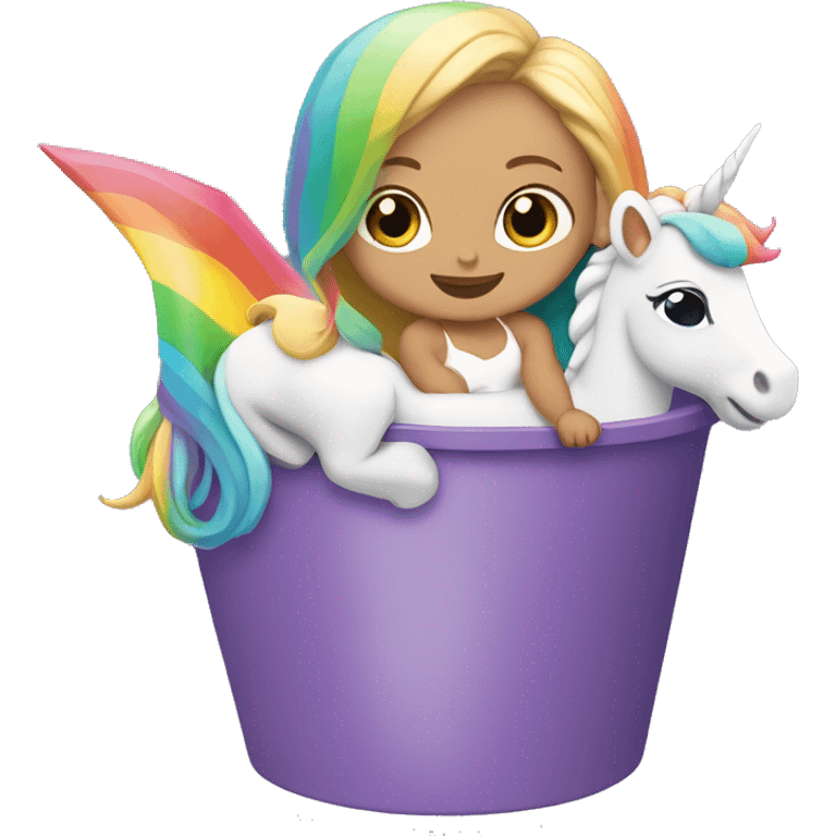 Blonde baby girl, inside of a green bucket riding a unicorn with rainbow hair ￼ emoji