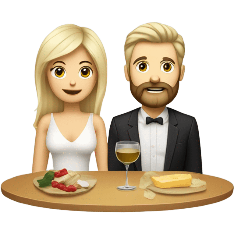 Repas raclette et vin blanc en couple, femme blonde cheveux aux épaules homme petite barbe et moustache cheveux bruns grisonnant  emoji