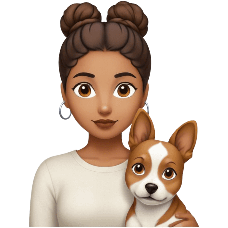 sort, 30 year old, brown girl, back Bun hairstyle, with a white brown dog emoji