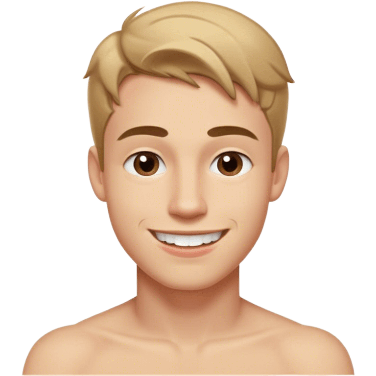 A young man with dark blonde hair, smiling with a small gap between his front teeth like Madonna. He has a light stubble, thin eyebrows, and rosy lips. He is shirtless. emoji