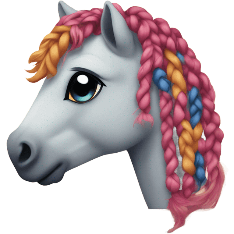 A tiny pony wearing a rug with braided hair emoji