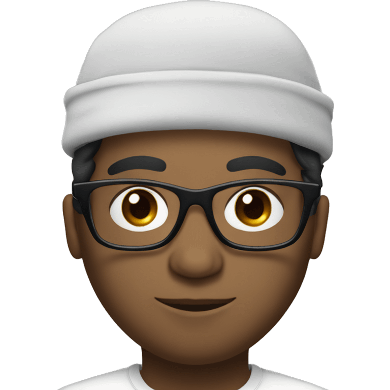 White person with fluffy messy black hair wearing a arabic hat and black glasses emoji