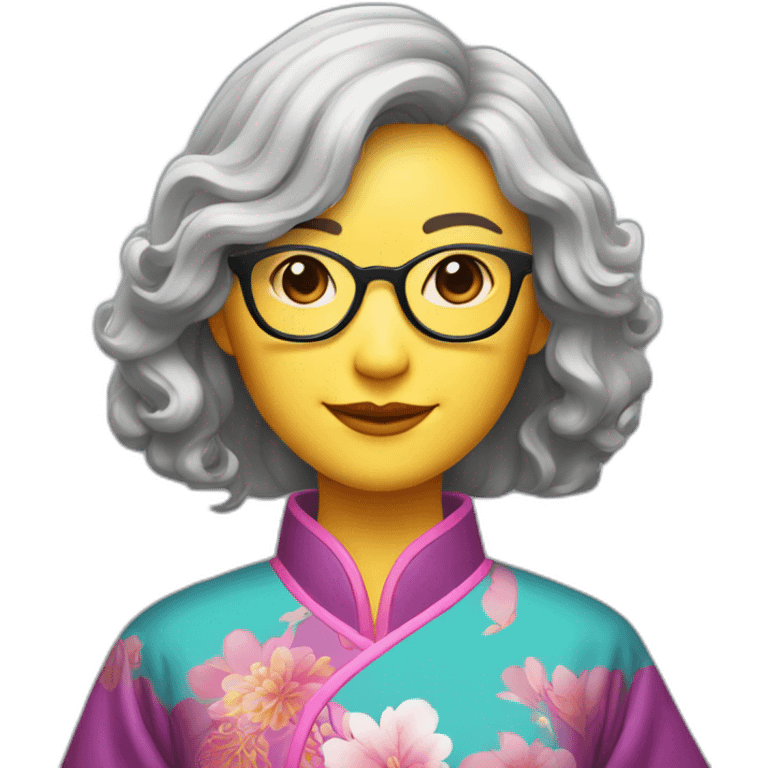 Chinese lady with like Lai gray hair wavy hair to the shoulder length where Chinese dress colourful dress wear glasses emoji