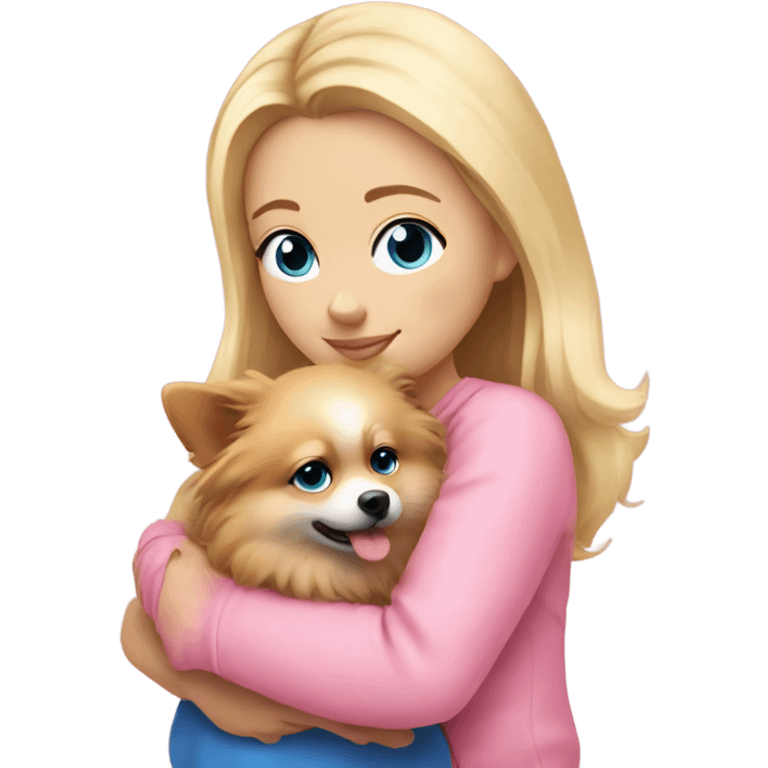 A blonde girl with blue eyes, wearing pink, hugging her pomeranian  emoji