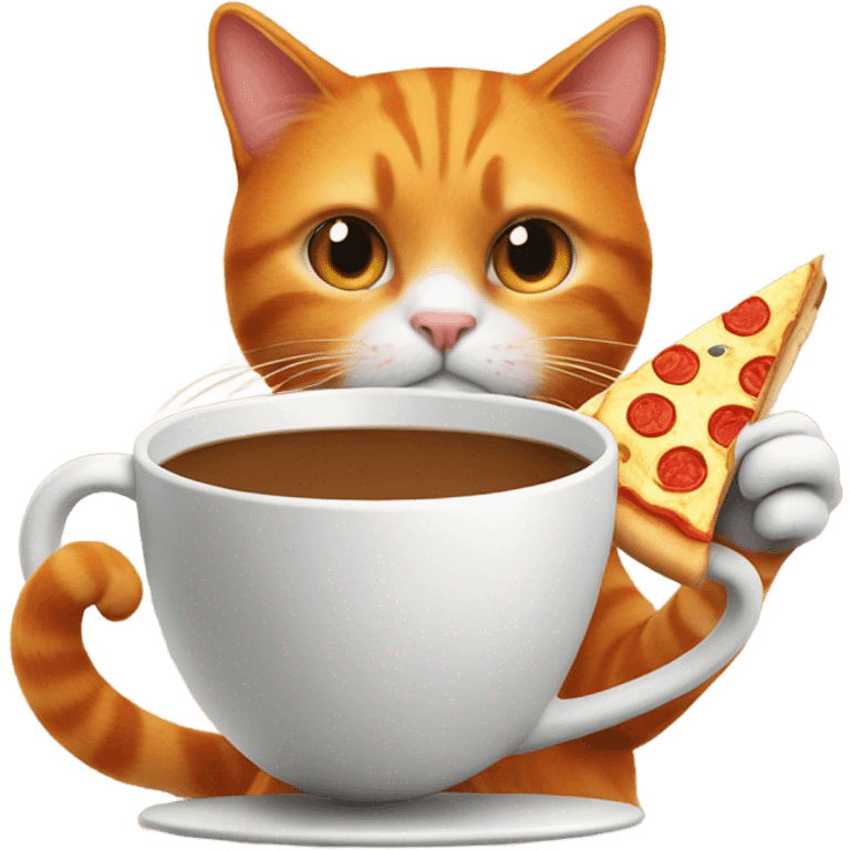 Orange cat drinking coffee and has a slice of pizza in his paw emoji