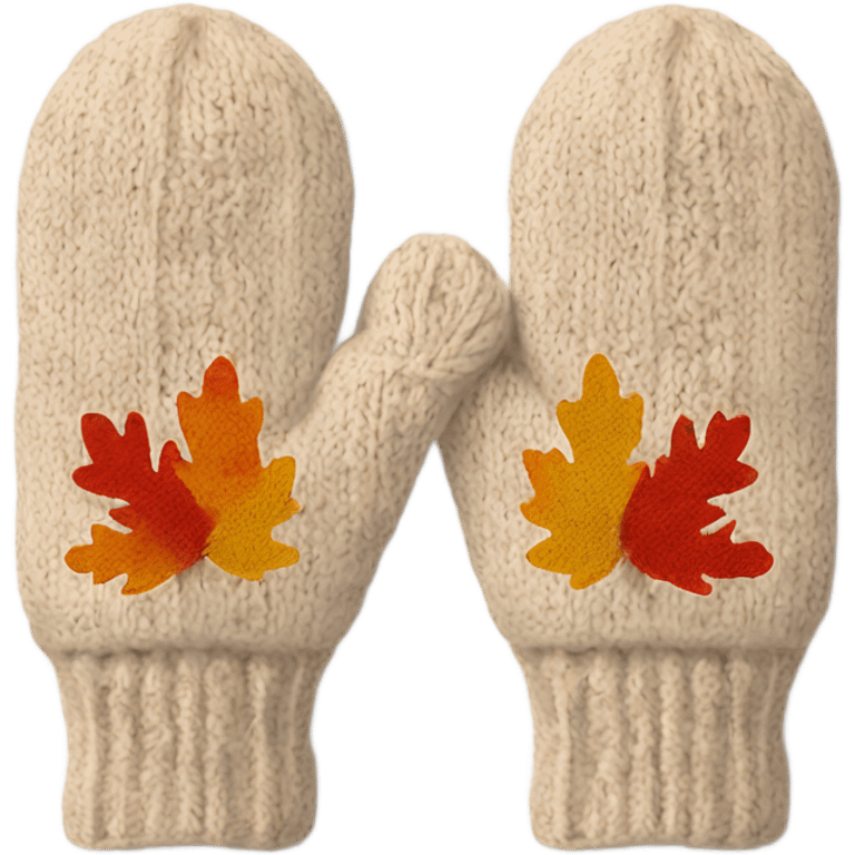 A pair of cozy knitted beige mittens with autumn leaves design emoji