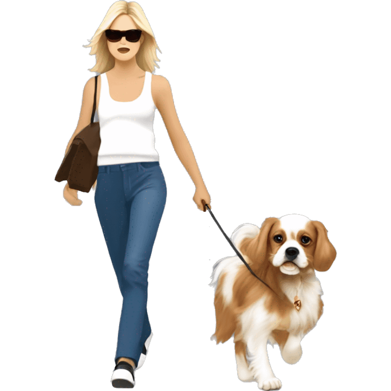 Young sharon stone in basic instinct walking with cavalier King Charles spaniel  emoji