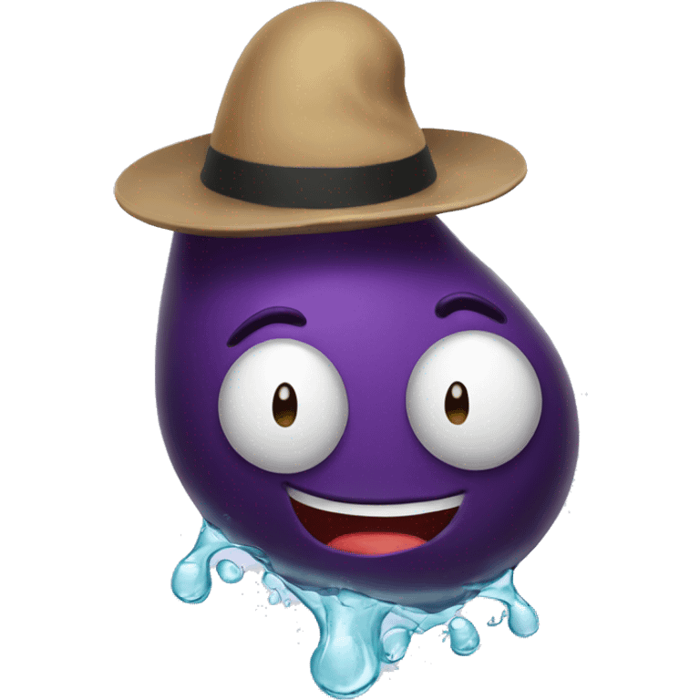 An eggplant with a hat on its head and water coming out of it emoji