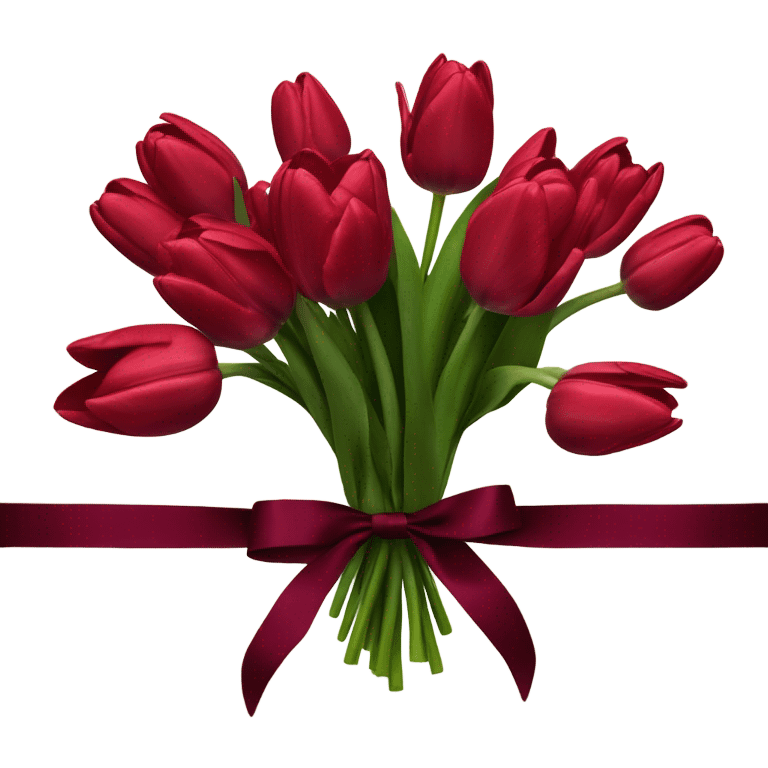 A lush bouquet of scarlet tulips wrapped in a velvet burgundy ribbon
 emoji