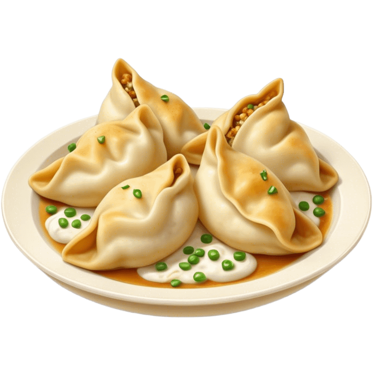 Cinematic Realistic Pierogi Dish Emoji, depicted as tender dumplings filled with savory ingredients rendered with lifelike textures and warm, inviting lighting. emoji