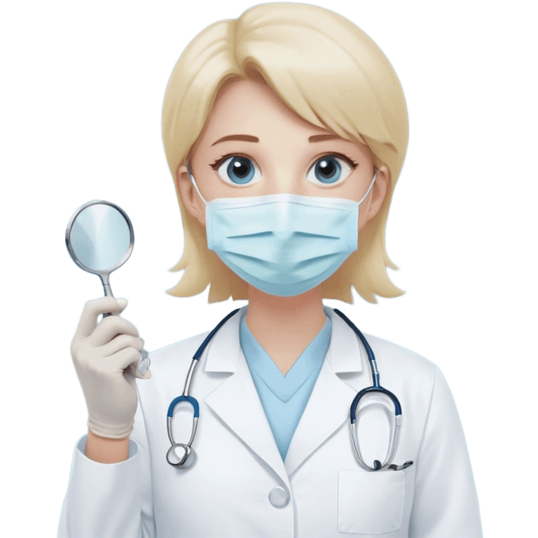 A minimalistic bust of a dentist wearing a white medical coat and a light blue surgical mask. The figure has expressive yet simplified eyes, and a small tooth icon is clearly displayed on the coat pocket. The dentist holds a minimalistic dental mirror in one hand, slightly raised, reinforcing the profession. The background features a simple white tooth icon or a subtle dental cross. The overall style is sleek, modern, and minimalistic, with clean lines and soft shading, following an emoji aesthetic. emoji