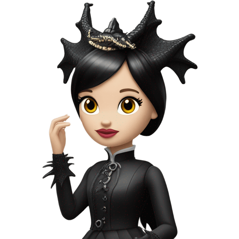 Victorian evening dressed, Wednesday Addams Barbie Jedi wearing a mini tiara, riding on the back of a very large black shiny evil-looking fire-spewing horned dragon emoji