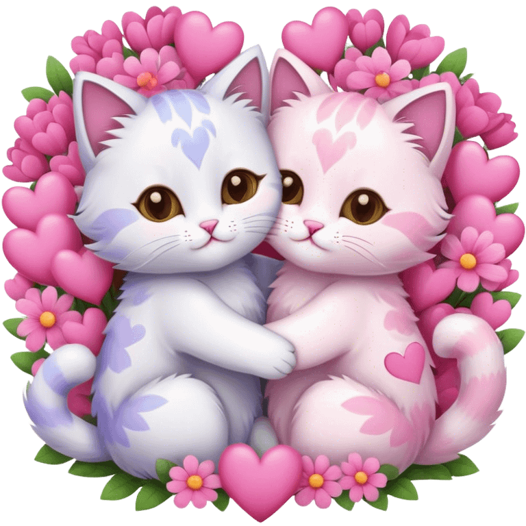 Cute cats hugging each other surrounded by pink hearts and flowers  emoji