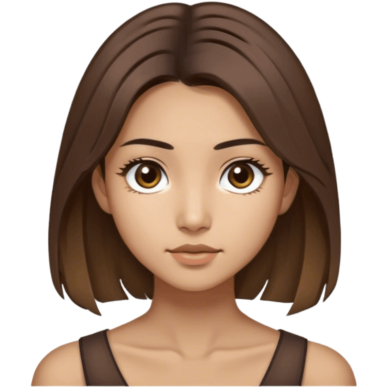 A thin girl with Mongolian roots, shoulder-length brown hair with two distinctly light strands framing her face, large slightly slanted dark brown eyes, olive skin, and light brown, not narrow eyebrows emoji