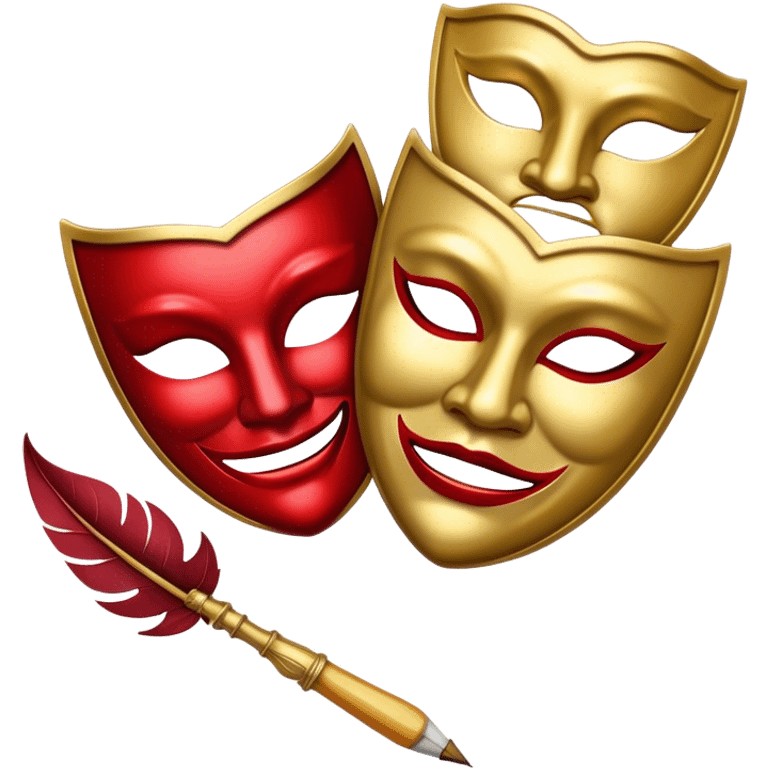 Create a bold and dramatic emoji representing the art of playwriting. The design should feature an open script or a theater playbook, with stylized text inside. Include elements like a theatrical comedy and tragedy masks, a stage spotlight, or a writting quill to symbolize creativity and performance. Use deep, contrasting colors like red, black, and gold to evoke the intensity and passion of drama. The overall design should feel dramatic, inspiring, and artistic. Make the background transparent. emoji