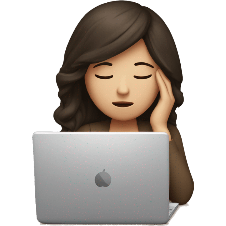 Tired brunette at a laptop with headache emoji