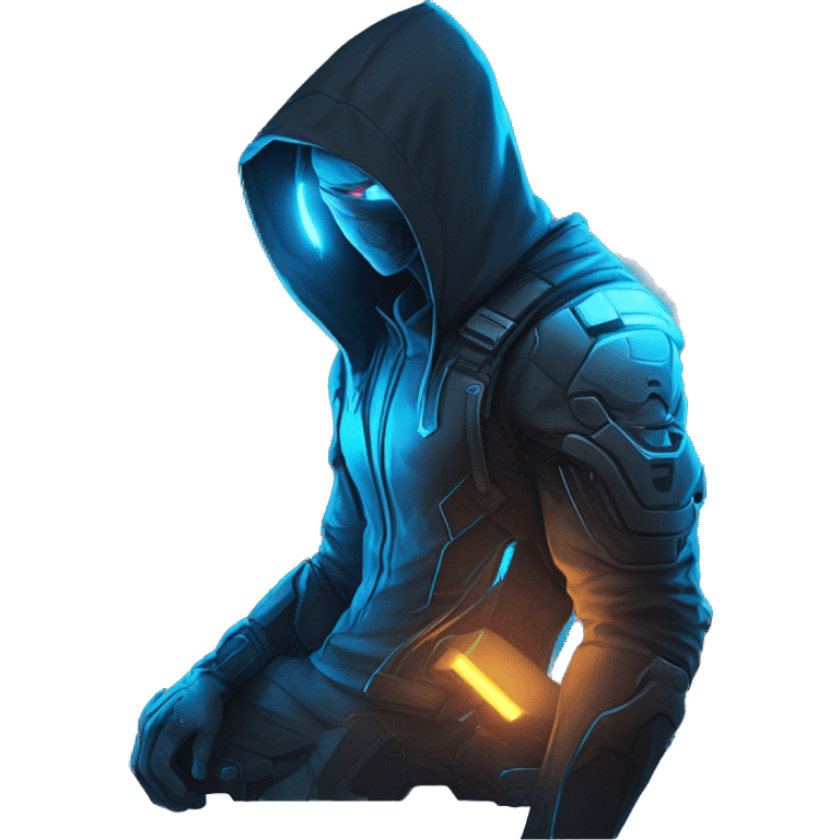 developer behind his laptop with this style : crysis Cyberpunk Riot Games Valorant neon glowing bright blue character blue black hooded assassin themed character emoji