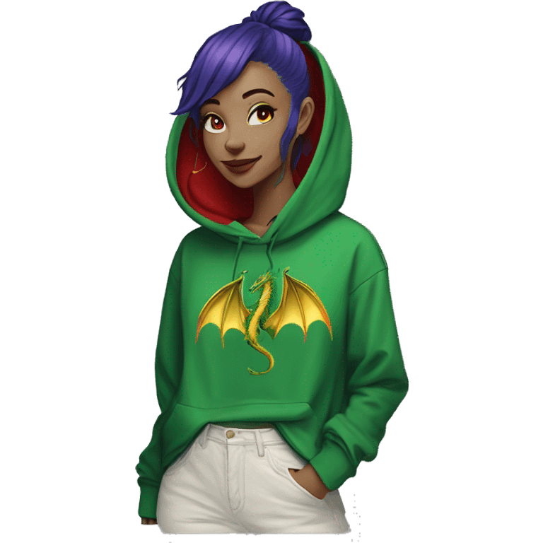 420 Lady with brunette and iridescent blue hair, hemp, gold, green dragon wings, maroon hoodie, 420, black and gold Nike t shirt, and bright red eyes emoji