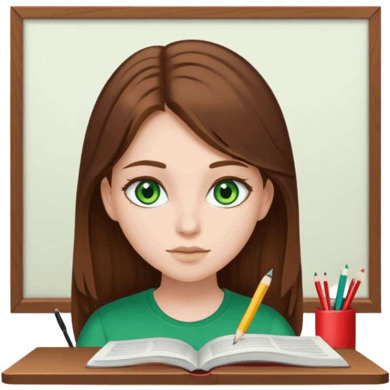 girl with brown hair and green eyes, white skin, studying emoji