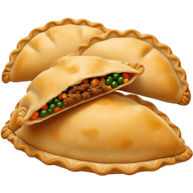 Cinematic Realistic Empanadas Dish Emoji, showcasing crispy fried turnovers filled with spiced meat and vegetables rendered with rich textures and dynamic, appetizing lighting. emoji