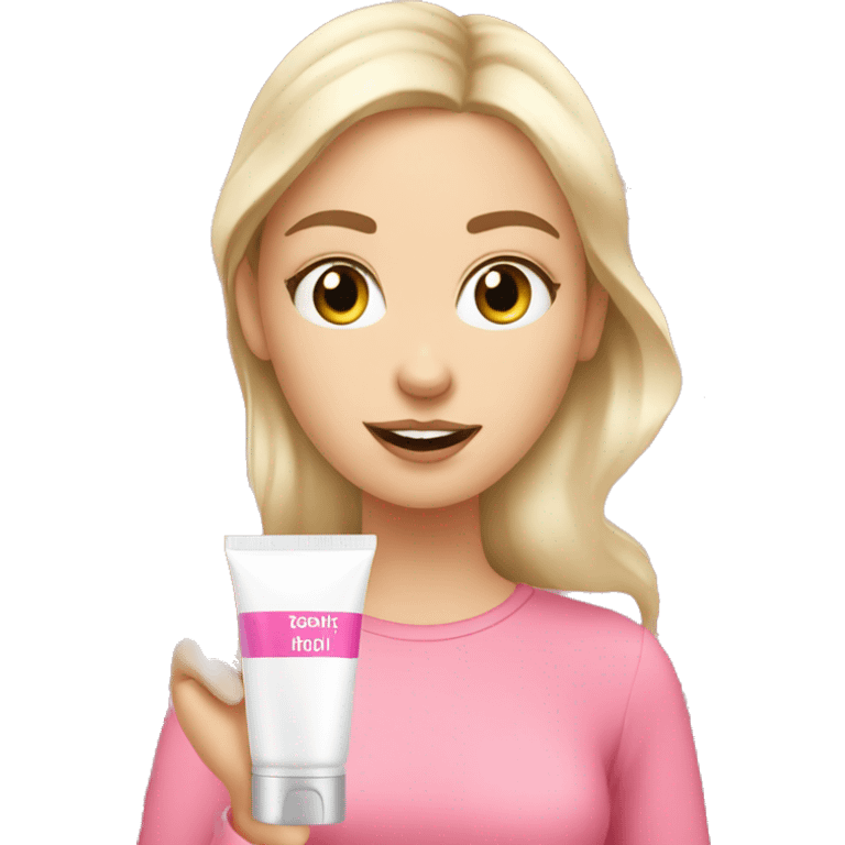 white girl applying cream on face, pink emoji