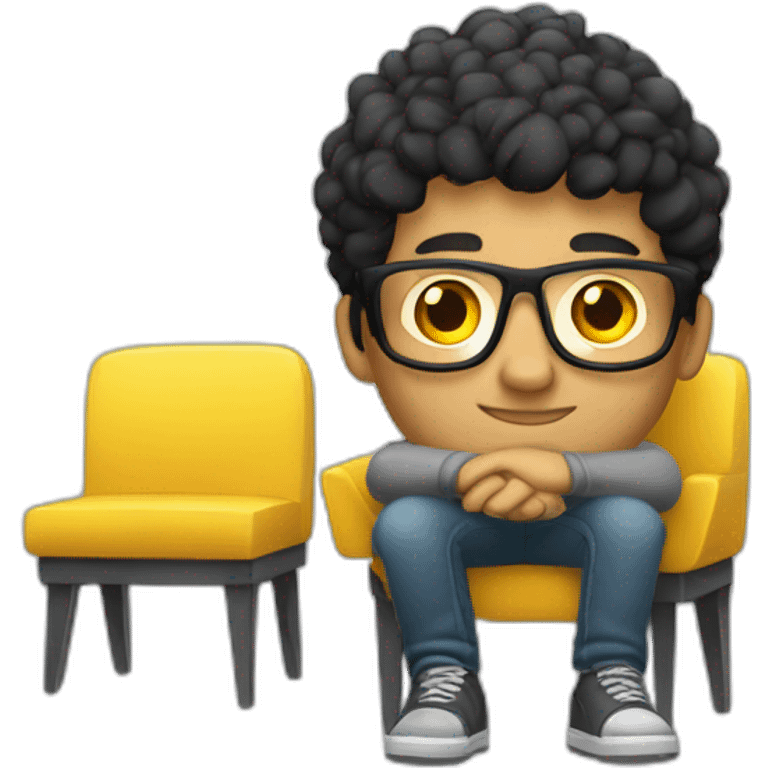 White man with yellow tinted glasses and black hair in a gray jumper and sitting on a chair emoji