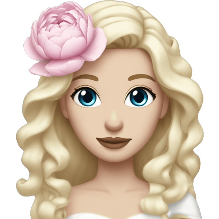 White bride with long light blonde hair and blue eyes with light pink peonies in hair white skin  emoji