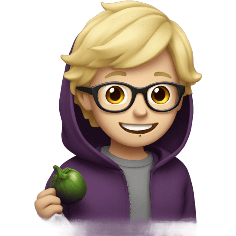 smiling blonde boy with glasses wearing hoodie eating a eggplant  emoji