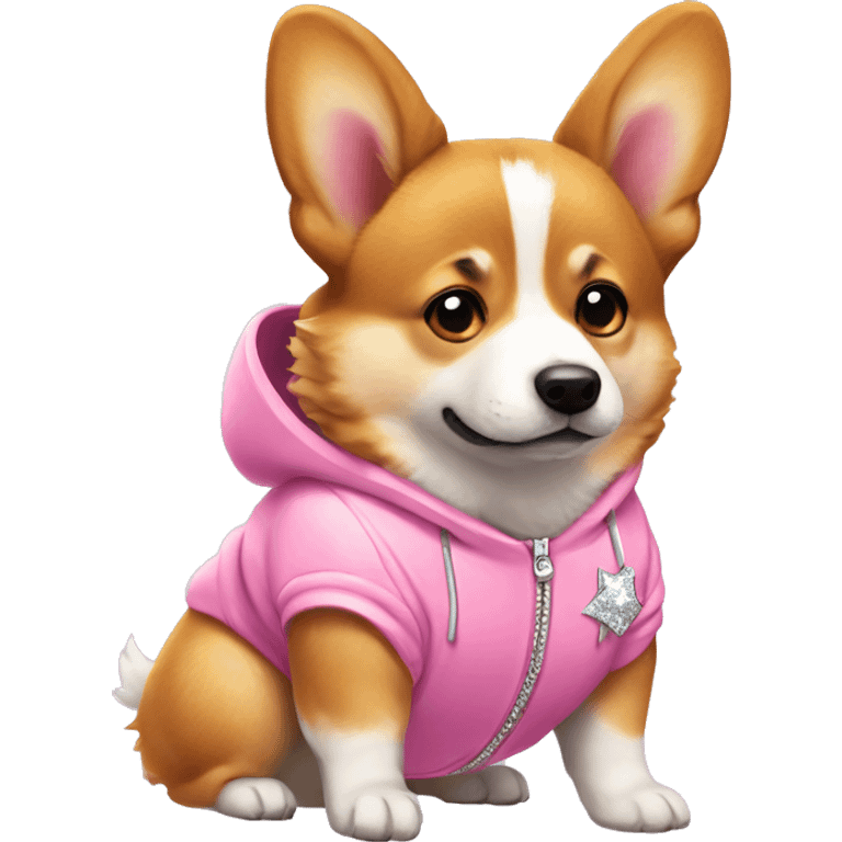 Corgie wearing a fuzzy pink tracksuit with diamonds emoji