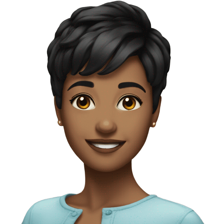 young pretty woman short pixie cut smiling, black hair emoji