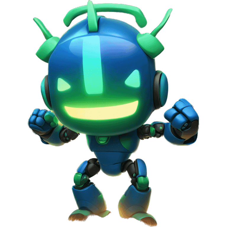 a blue and green robot with bunny ears has a fist in the air, in front of a large fire / flame explosion in the dark
 emoji