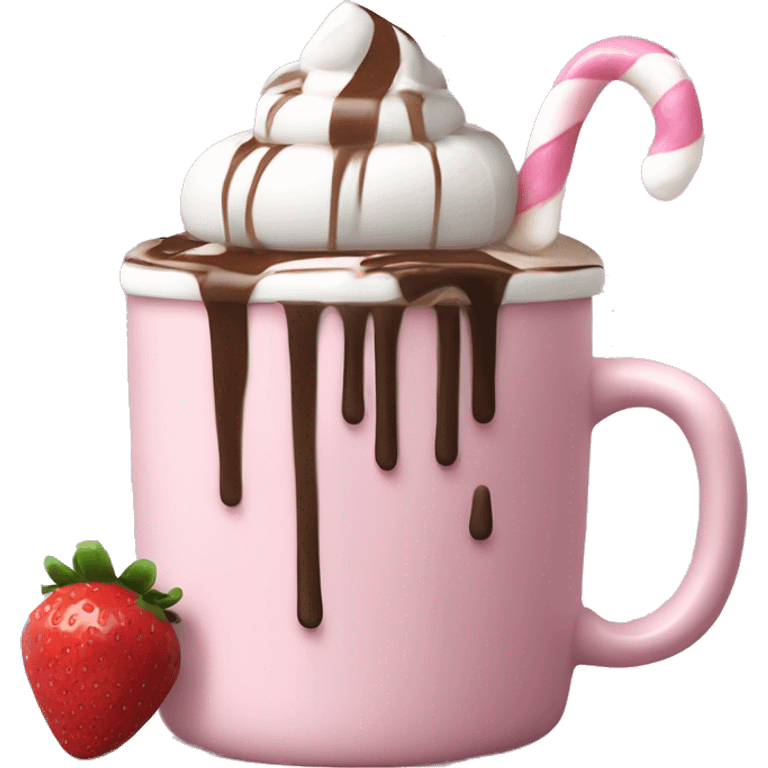 hot chocolate with mug and whip cream and chocolate drizzle and pale pink strawberry and marshmellows emoji