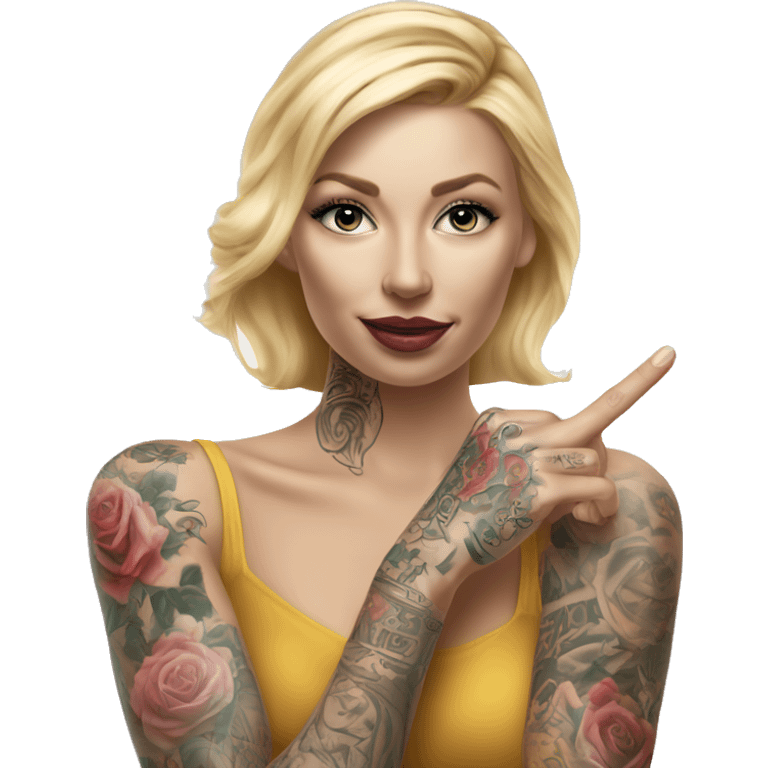 Blonde elegant women, her Body Covered with Tattoos, POINTING YOU FORWARD with her HAND with INDEX FINGER, Hyper realistic emoji