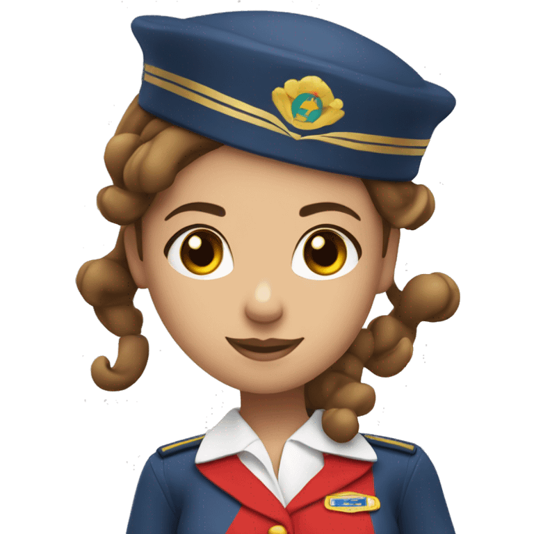 A white stewardess with brown hair in a red uniform and a red beret with brown eyes emoji