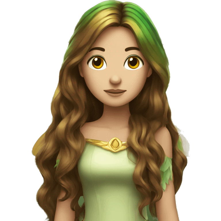 Beautiful, fairy, gold, brown, dark green, green, long hair, big wings emoji