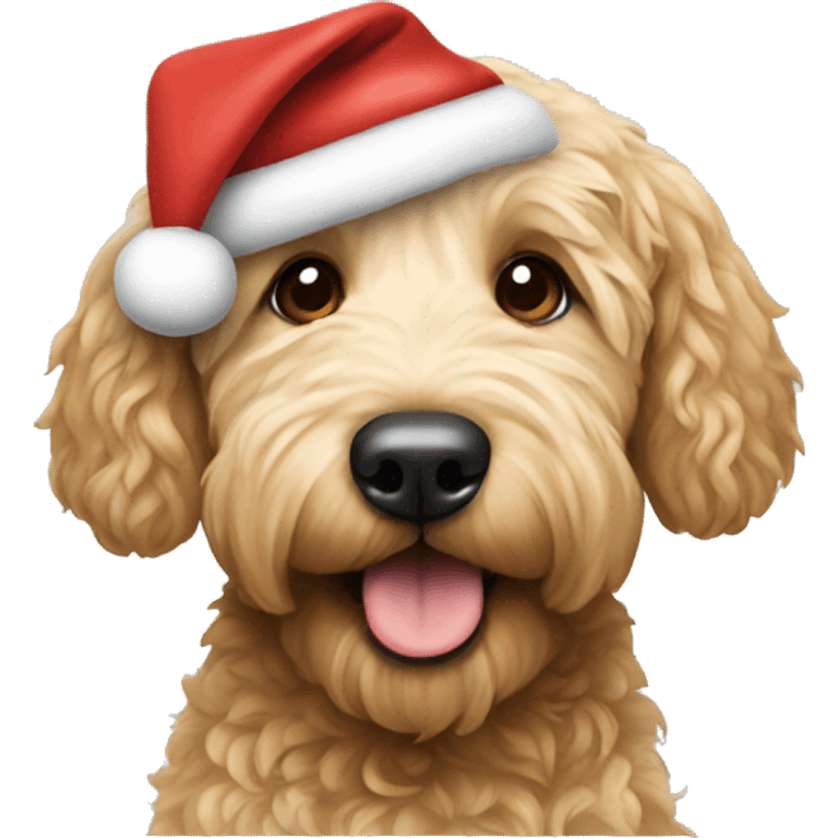 Golden doodle wearing Santa hat emoji