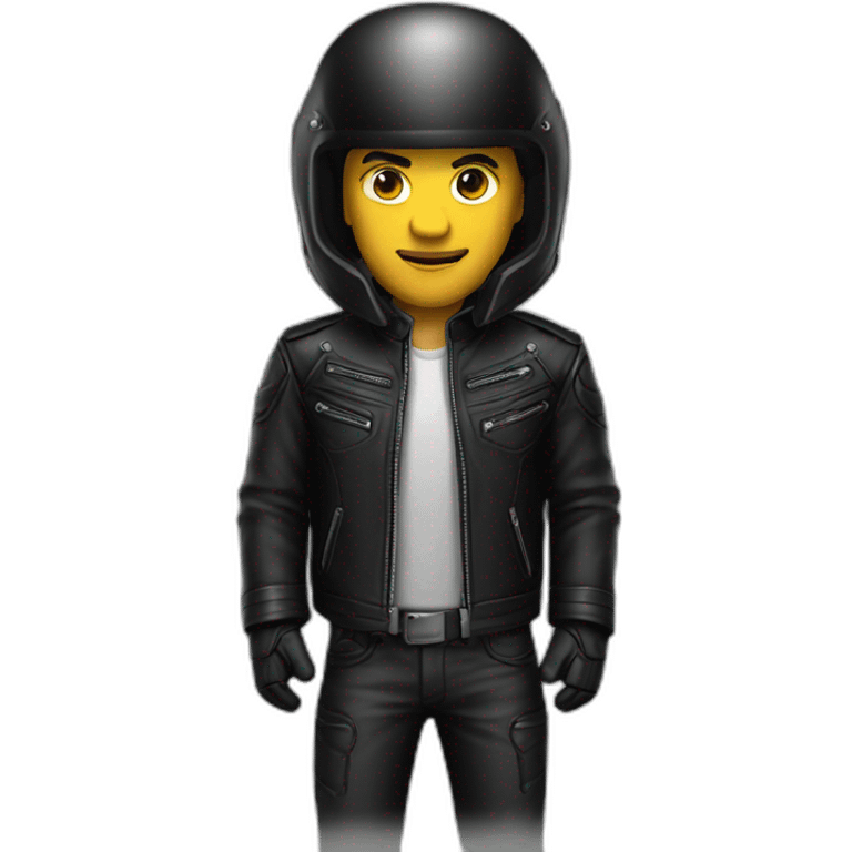 Man in black leather jacket with a dark tinted motorcycle helmet emoji