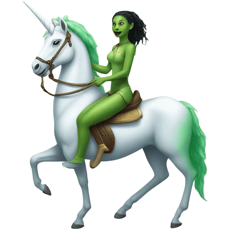 a green amazon alien woman on a four-legged white unicorn emoji