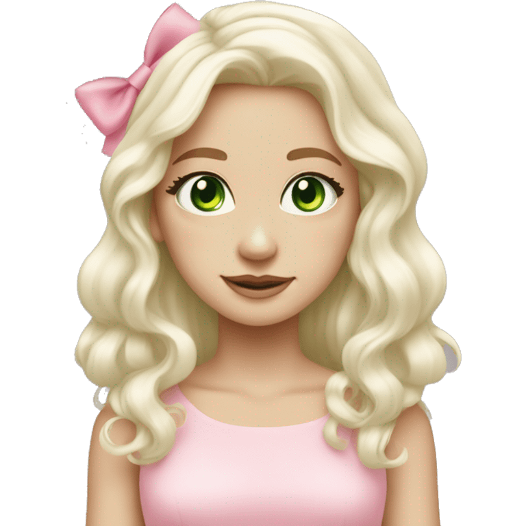 pale blonde girl with long platinum white wavy hair with bright green eyes and wearing a light pink hair bow  emoji