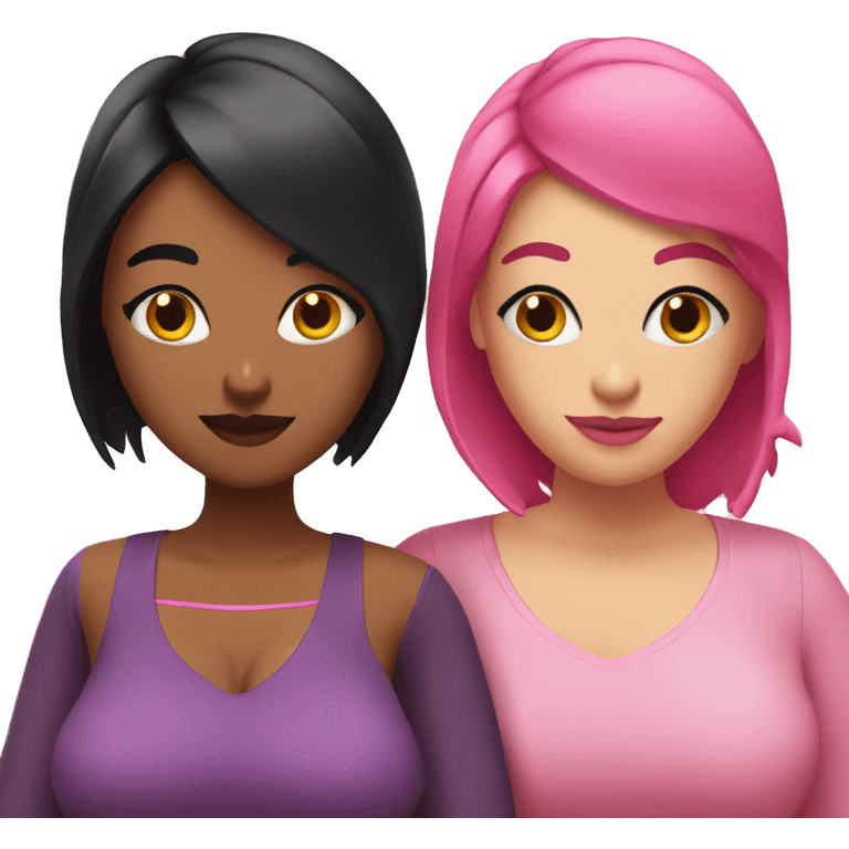 two plus size women, hearts around them, one with black hair, one with pink hair  emoji