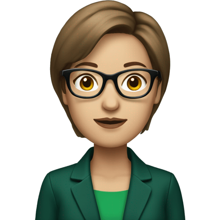 accounting woman with brown bob cut hair, an emerald green jacket and black glasses emoji