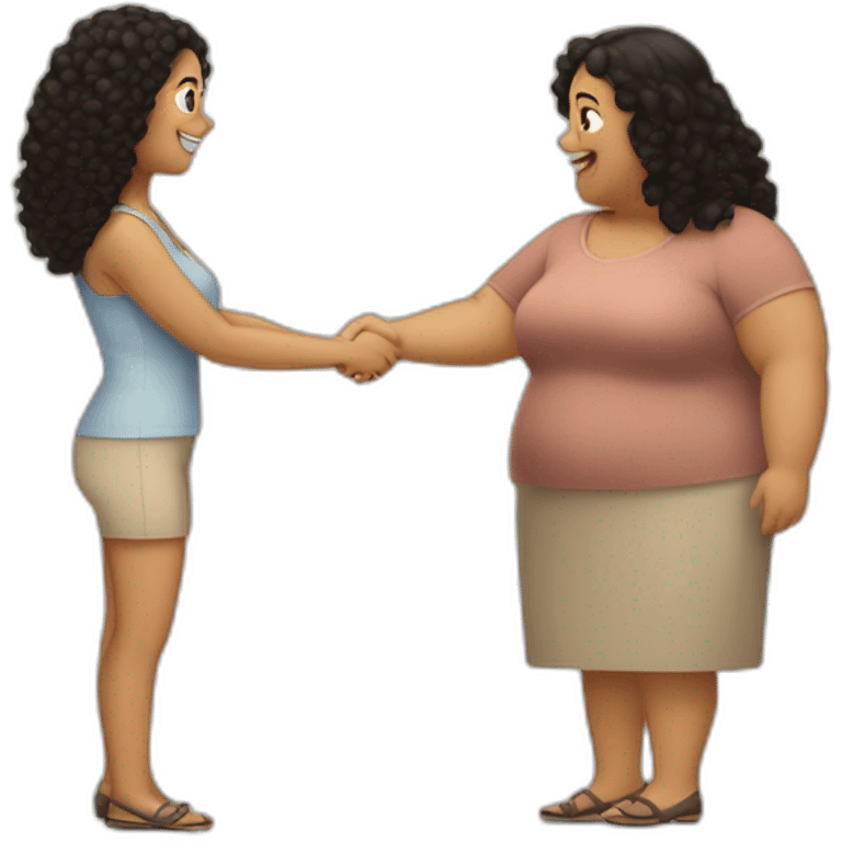 tan chubby woman with black curly hair shakes hands with a chubby pale woman who has straight light brown hair emoji