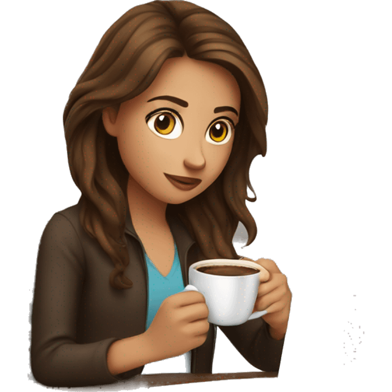 Brown haired girl drinking coffee in front of laptop emoji