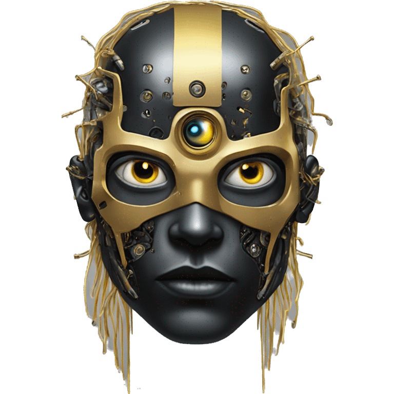 black metal male cyborg head with artificial eyeball, circuitry and wispy yellow gold hair emoji