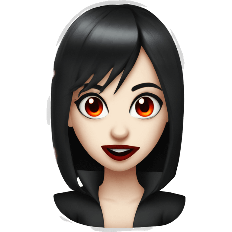 a vampire teen girl, black hair, red eyes, red lips and fangs, biting emoji