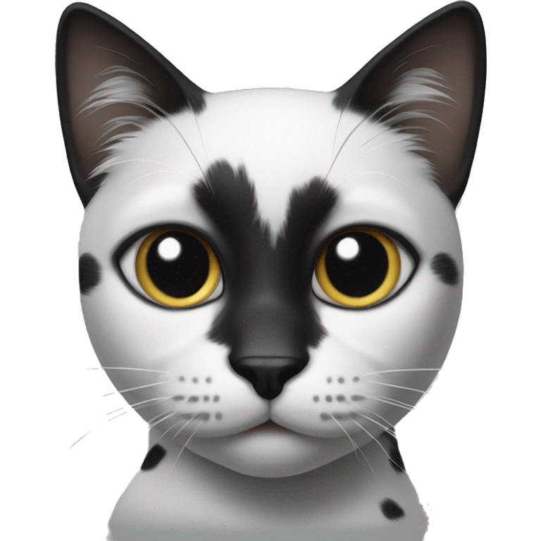 Black and white cat, black dots on left and right ears and only one eye  emoji