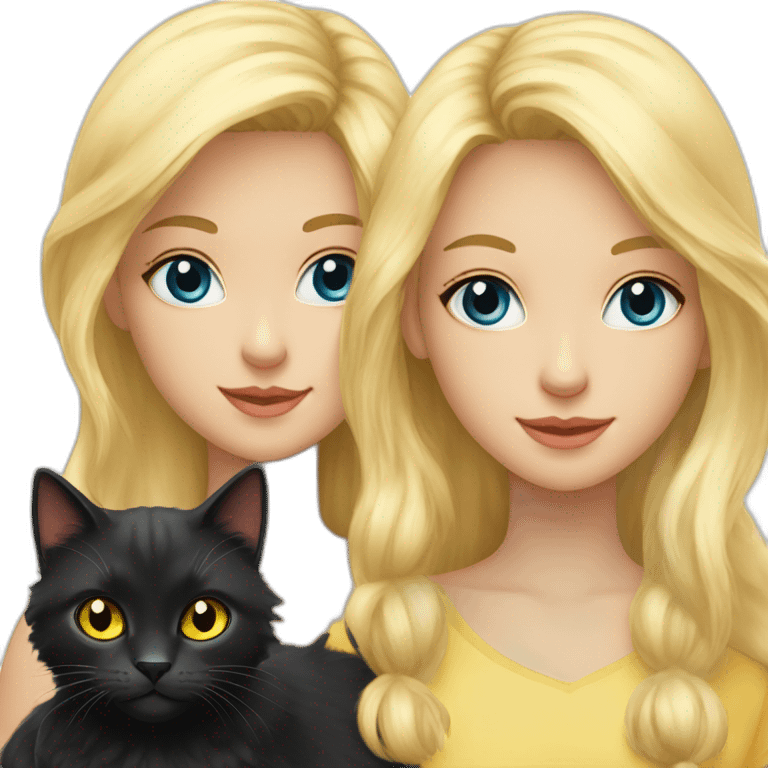 Black fluffy cat with yellow eyes and blond girl with blue eyes emoji