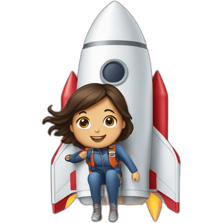 Girl hanging on to a rocket emoji