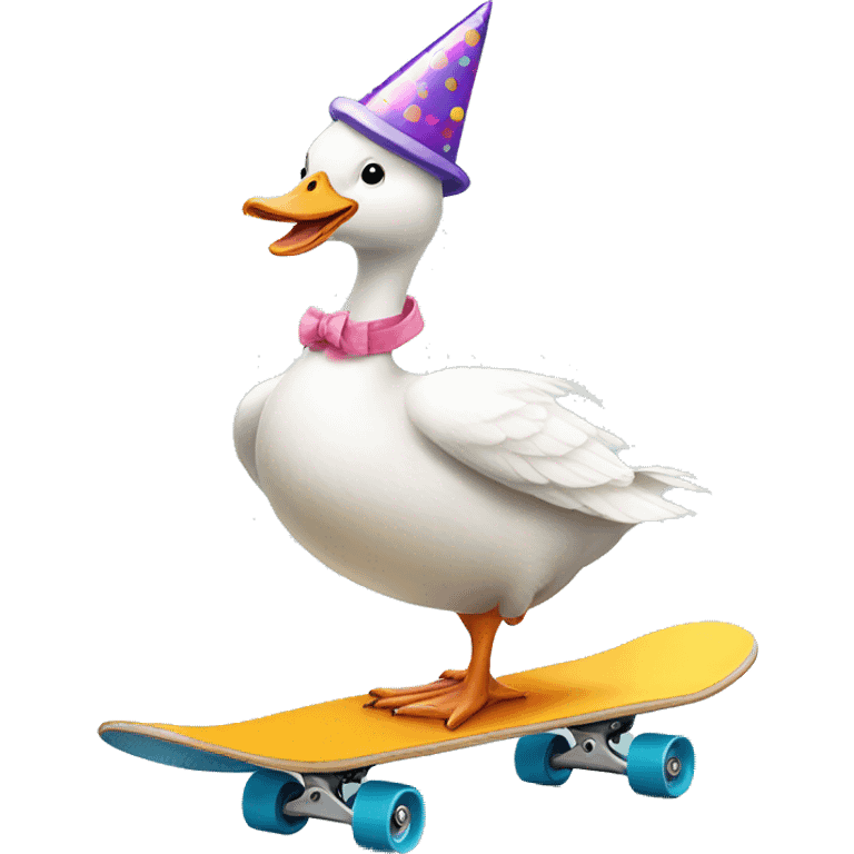 White goose wearing birthday party hat riding skateboard emoji